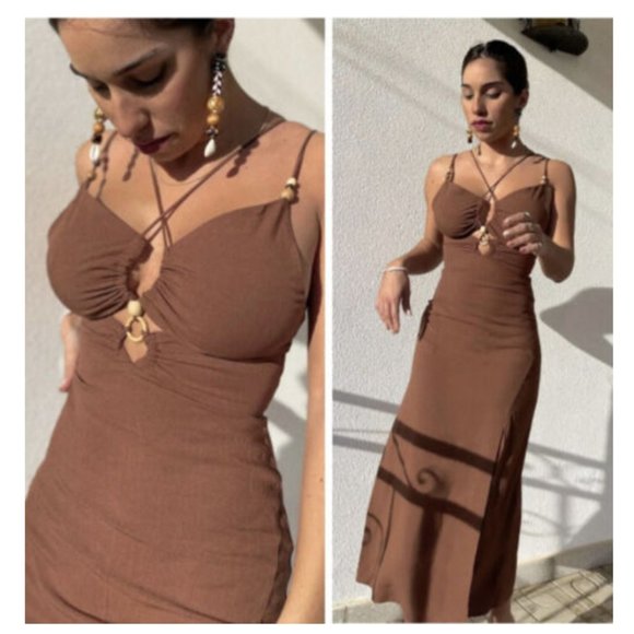 Zara Dresses Zara Toffee Mink Brown Linen Slip Strappy Rustic Wood